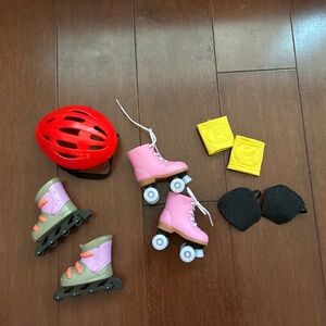 18” Doll lot of skates and roller blades w/ helmet and accessories